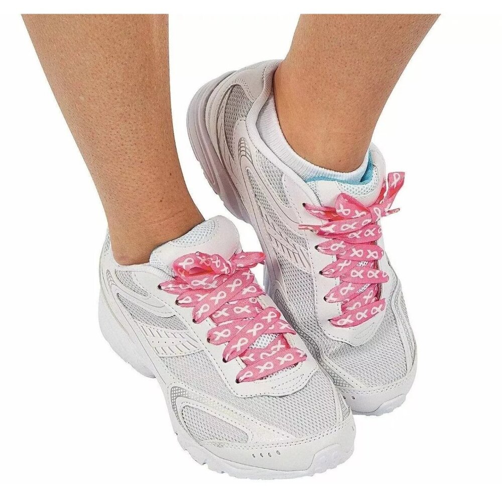 6 Pair Breast Cancer Awareness Pink Ribbon Shoelaces Pink with White Ribbon 44"